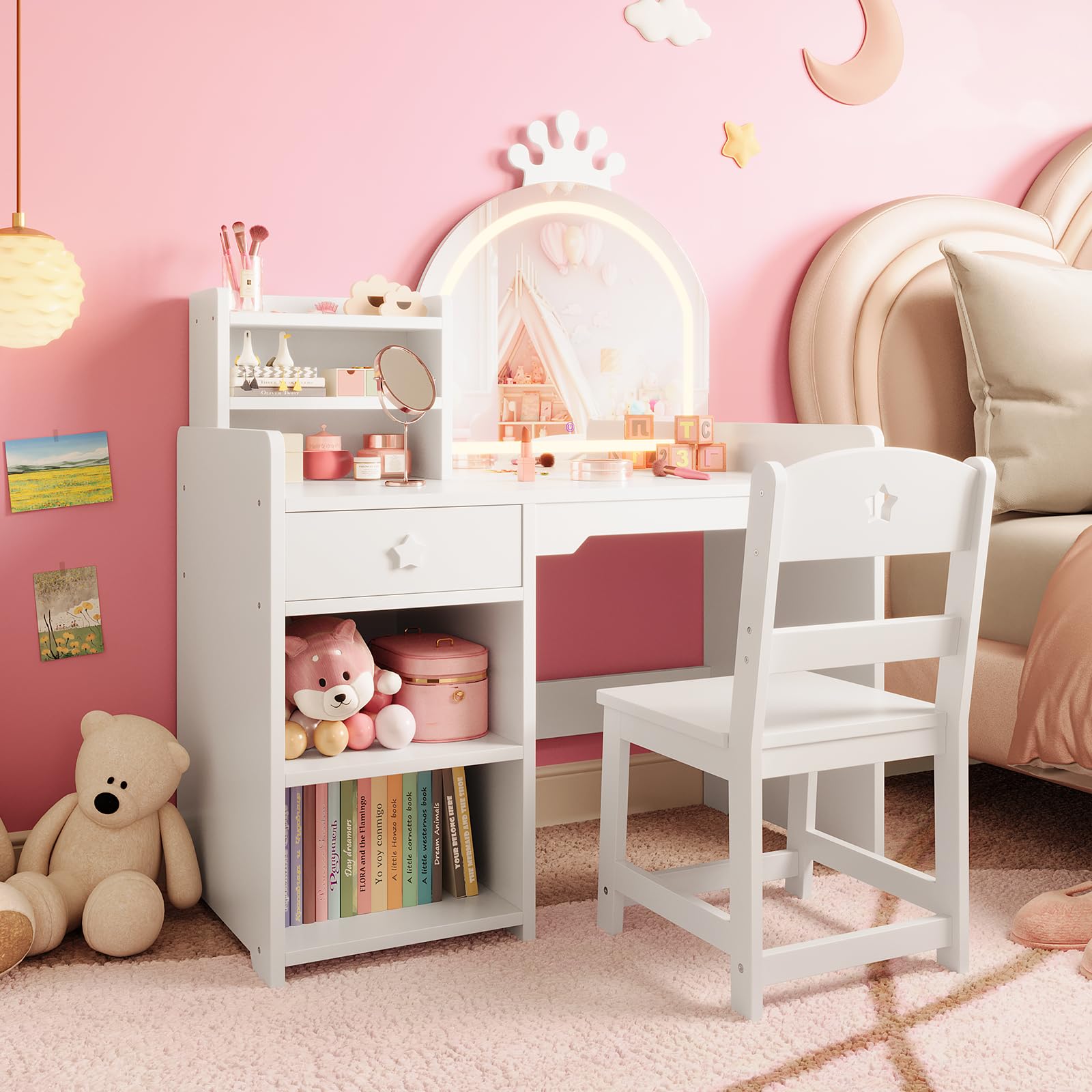 Dressing Table Vanity With Lighted Mirror - Zestaw toaletki i krzesełka dla dzieci