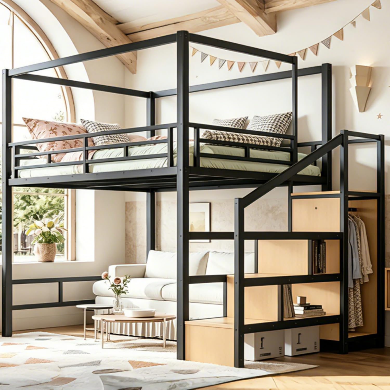 Canopy Bed Frame Metal Queen - Łóżko na antresoli typu Queen z