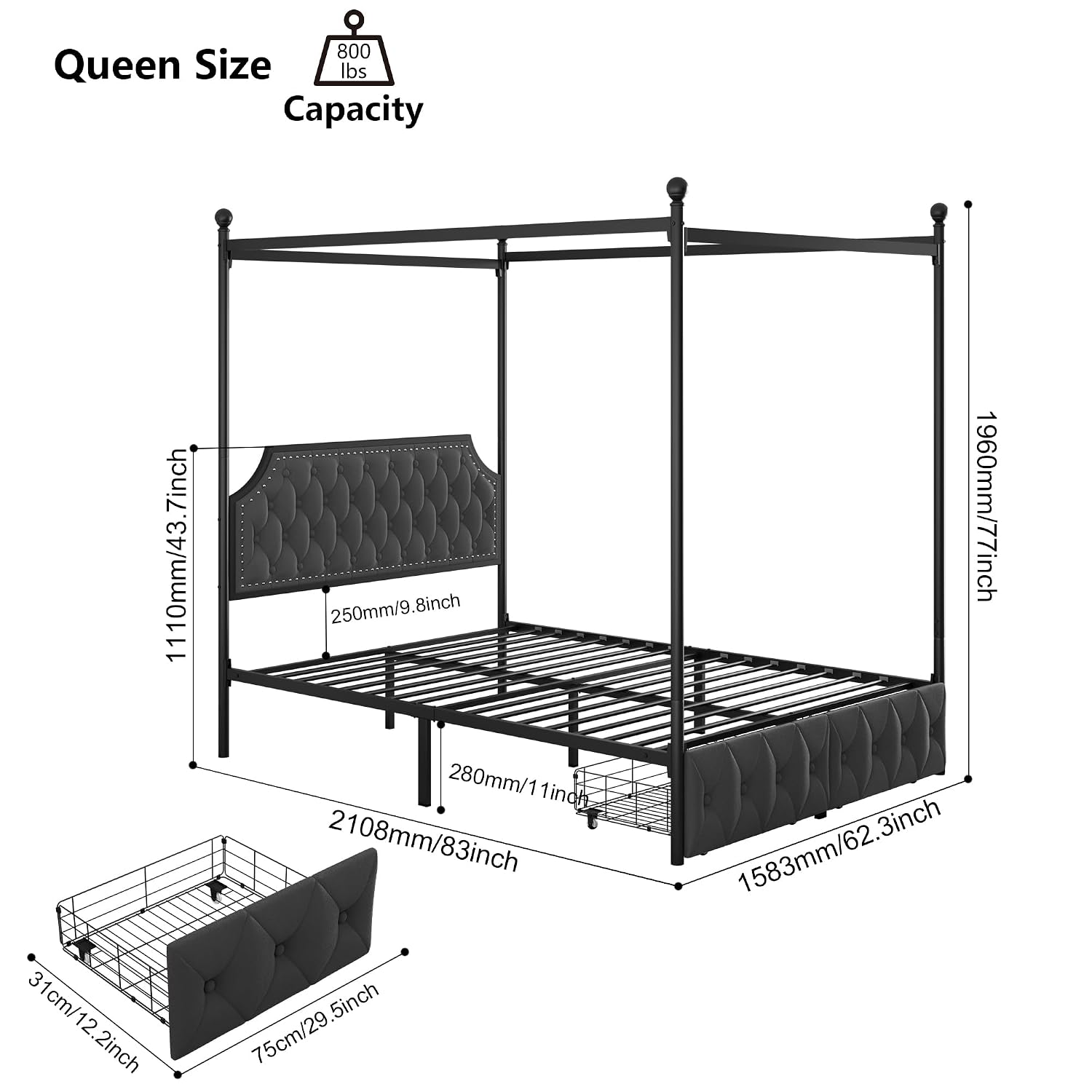 Canopy Bed Frame Metal Queen - Rama łóżka z baldachimem, szufladami do