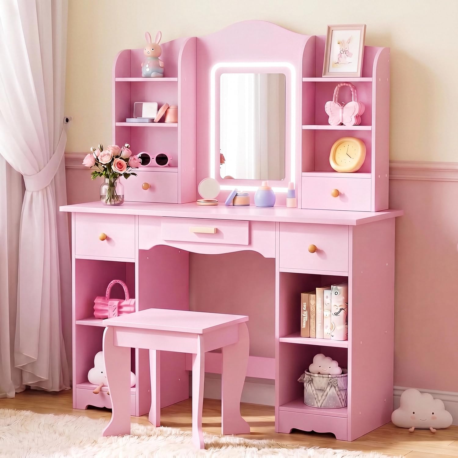 Toaletka dla dzieci z 3-koloro – Dressing Table Vanity With Lighted Mirror recenzja i cena